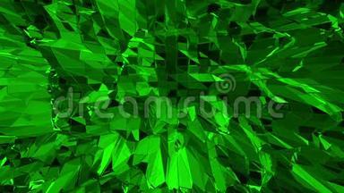 深绿色低聚波动表面作为晶体细胞。 深绿色多边形几何振动环境或脉动